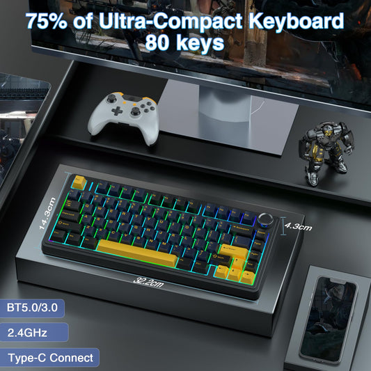 AULA F75 75% Wireless Mechanical Keyboard, Hot Swappable Creamy Keyboard, Pre-lubed Greywood Switches RGB Backlit Gaming Keyboards, 2.4GHz/Type-C/BT5.0(Cool Black)