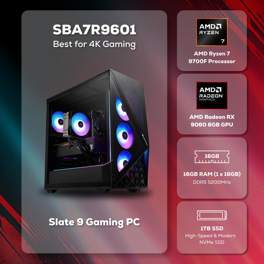 iBUYPOWER Slate Gaming PC Desktop Computer AMD Ryzen 7 9700F CPU, AMD Radeon RX 9060 8GB GPU, 16GB DDR5 RGB 5200MHz RAM, 1TB NVMe SSD, Windows 11 Home, Gamer Keyboard and Mouse - SBA7R9601