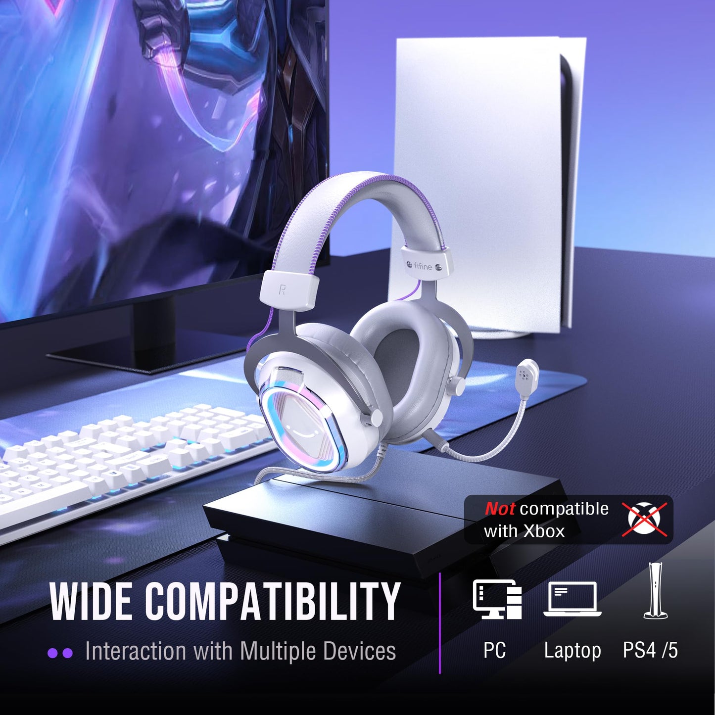 FIFINE USB Gaming Headset: Flowing RGB Lighting - 7.1 Surround Sound - Detachable Mic - Soft Ear Pads, Over-Ear Headset with Control Box, for PC, Laptop, Mac, PS5/PS4 - AmpliGame H13WP (White&Purple)