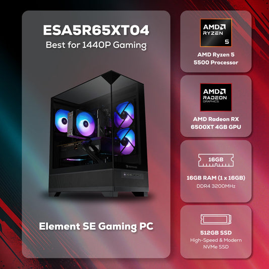 iBUYPOWER Element SE Gaming PC Desktop Computer AMD Ryzen 5 5500 CPU, AMD Radeon RX 6500XT 4GB, 16GB DDR4 Non-RGB 3200MHz RAM, 512GB NVMe SSD, Windows 11 Home, Gamer Keyboard and Mouse - ESA5R65XT04