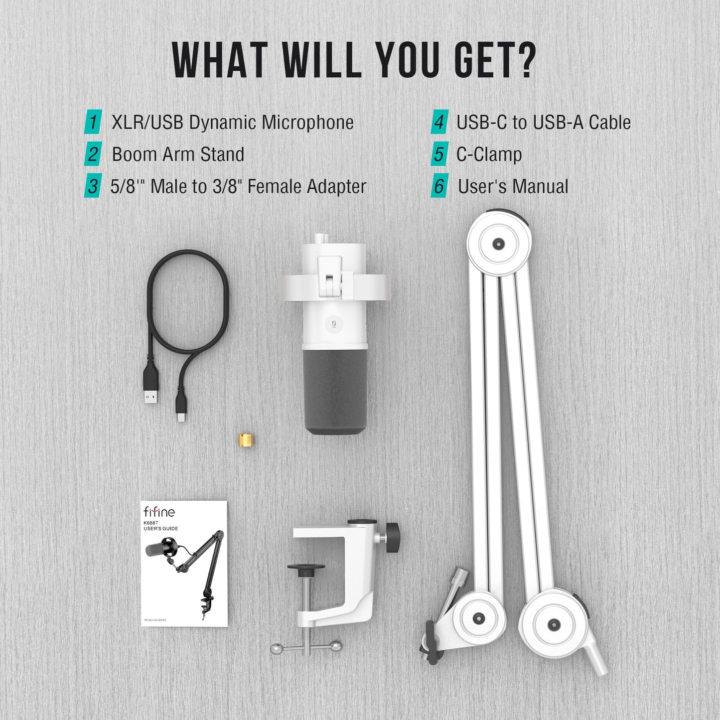 FIFINE Podcast XLR/USB Microphone Kit, Studio Dynamic Vocal Mic for Recording, Streaming, Voice-Over, PC Microphone with Boom Arm with Mute, Headphone Monitoring, Metal-AmpliTank K688T White