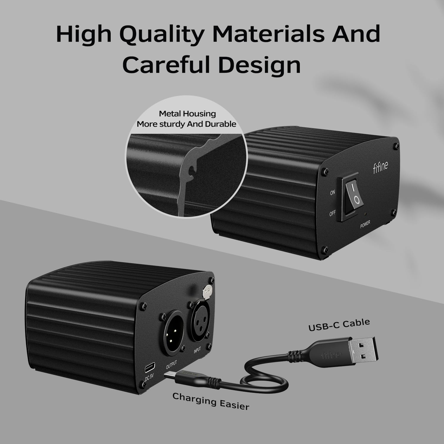 FIFINE 48V Phantom Power with Output/Input, Power Supply for Condenser Microphone, Recording Equipment-PM48