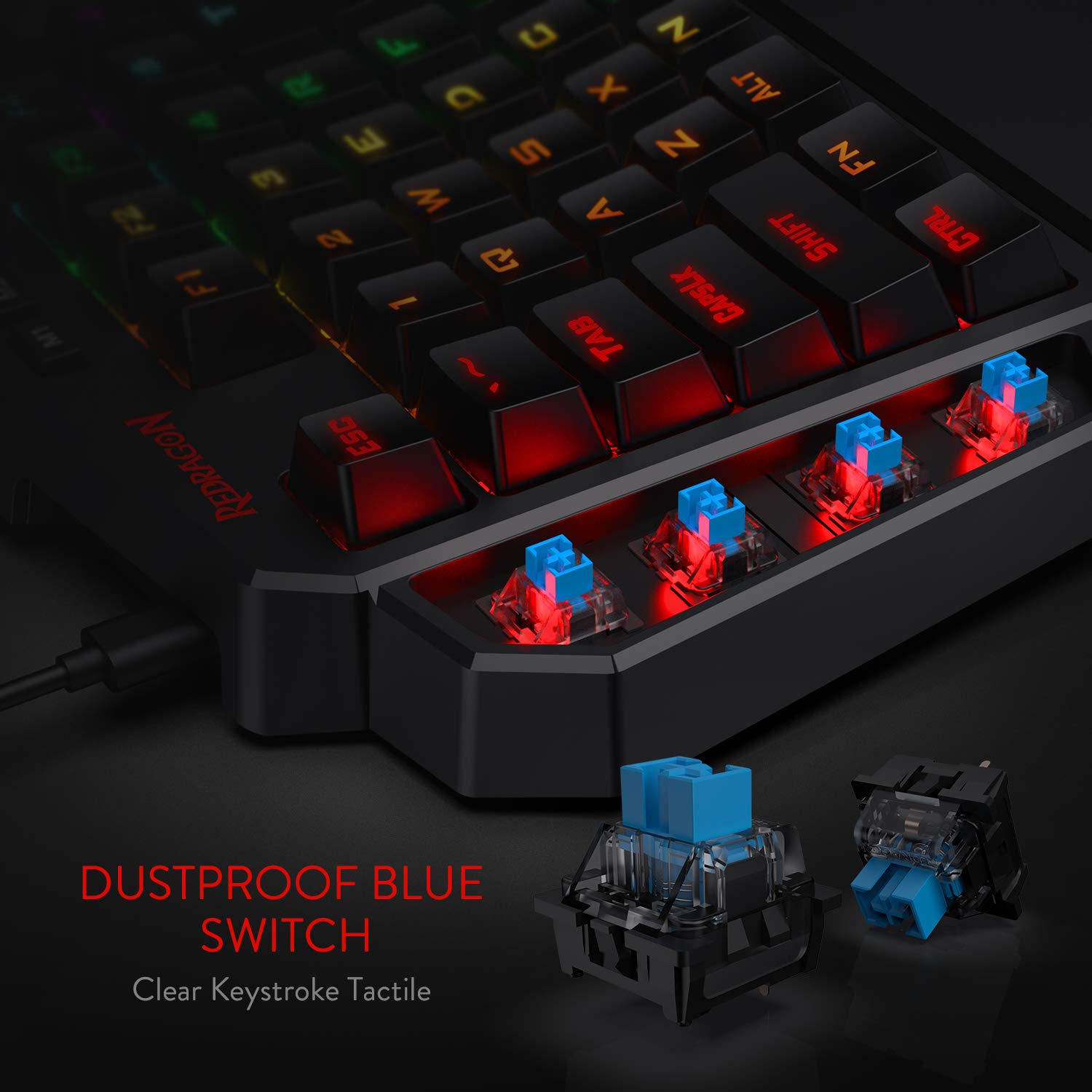 Redragon K585 DITI RGB mechanical keyboard for one hand, 42 keys, USB-C, macros and wristrests.
