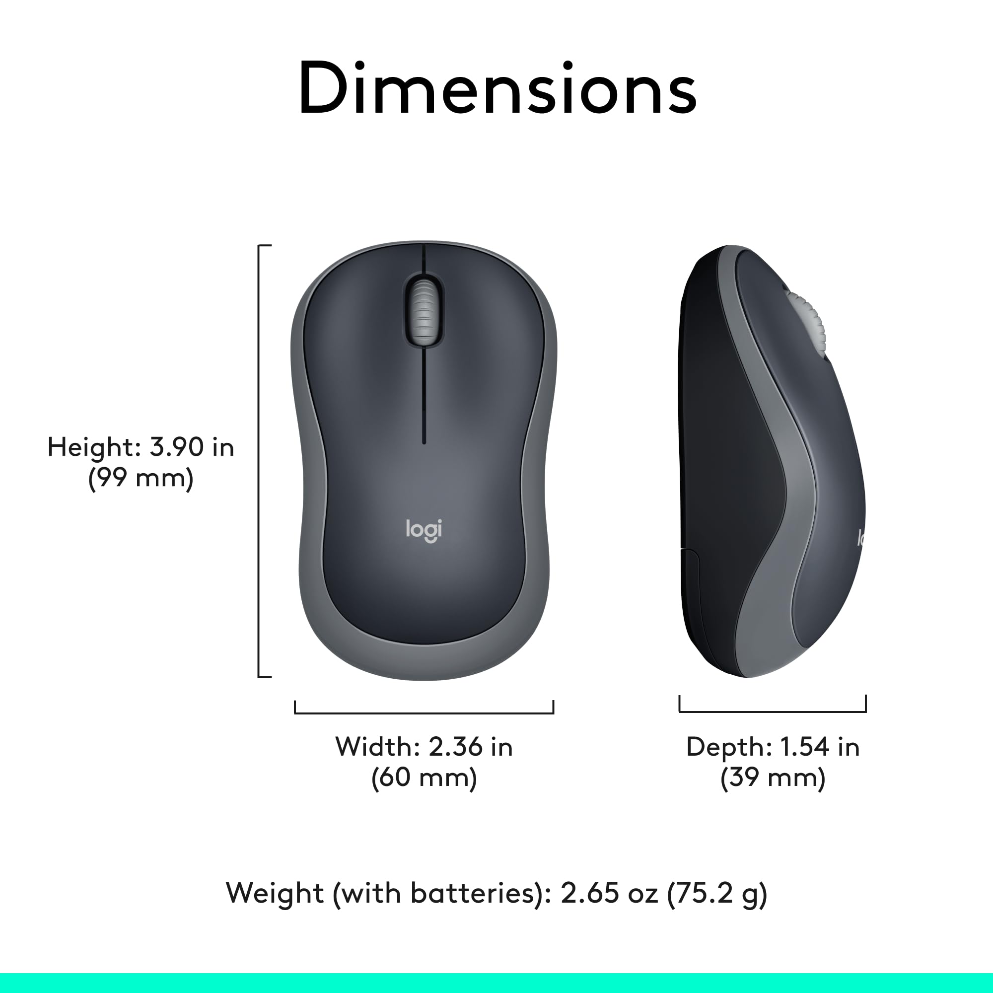 Logitech M185 Wireless Mouse, 2.4GHz with USB Mini Receiver, 12-Month Battery Life, 1000 DPI Optical Tracking, Ambidextrous, Compatible with PC, Mac, Laptop - Swift Grey