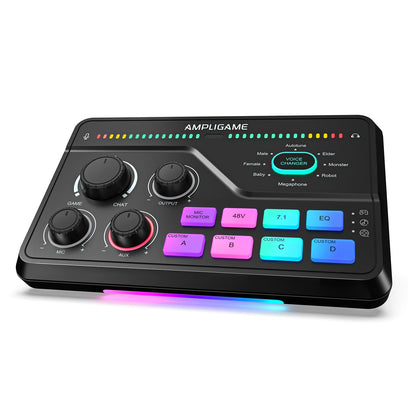 Fifine Gaming Mixer for Voice Chat and Streaming- 7.1ch Surround Sound Headphone Amp-XLR Preamp-USB Plug & Play-Voice Changer-RGB-Volume Control-3 EQ Modes Ampligame SC8