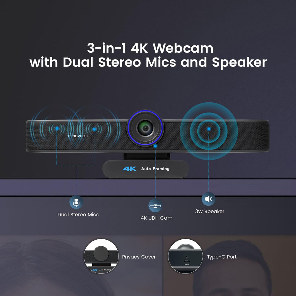 TONGVEO 3-in-1 4K Webcam with Microphones and Speaker, AI Auto-Tracking 5X Digital Zoom Webcam 4K Adjustable Field of View Remote Control Works with Microsoft Teams, Zoom, Google Meet, PC Mac Laptop