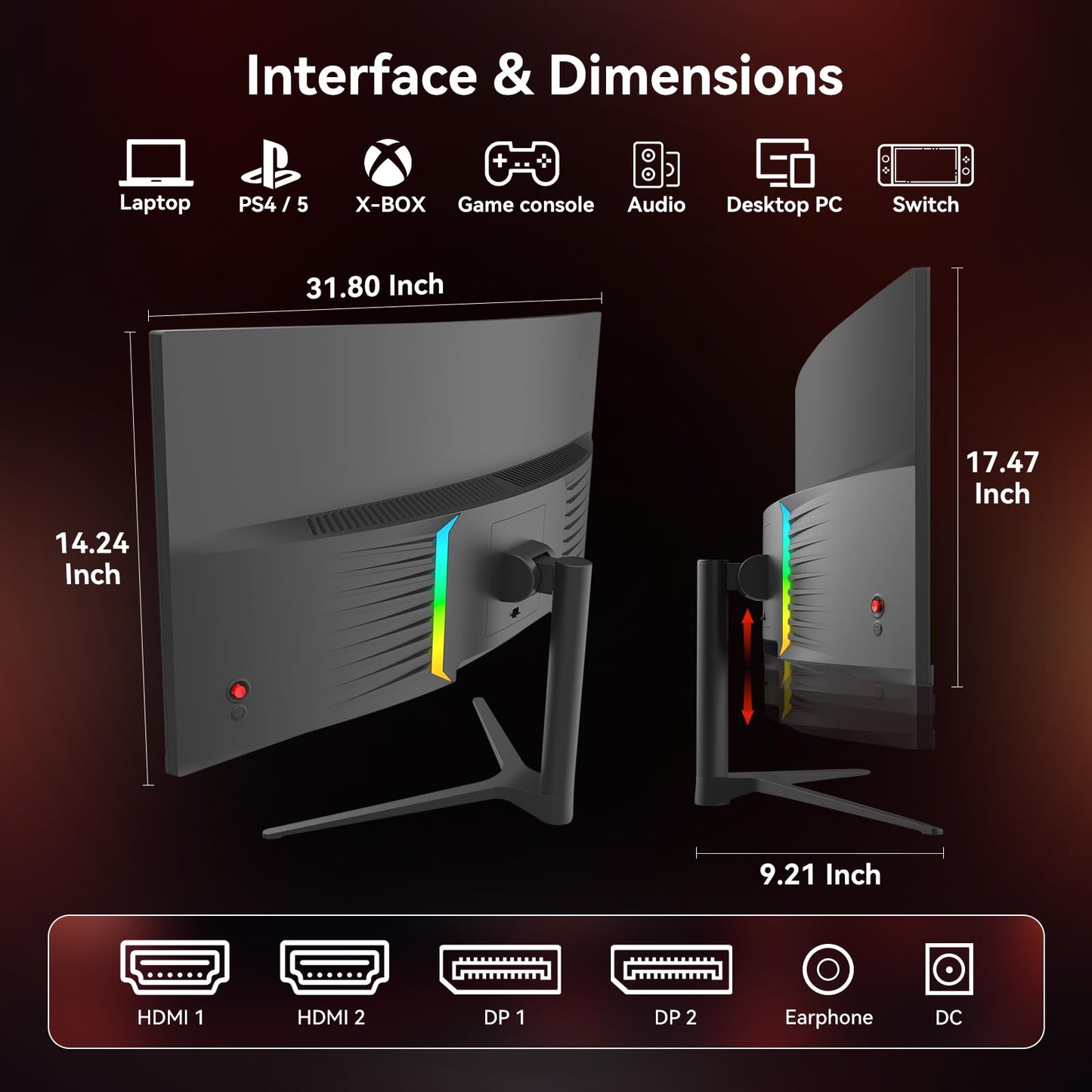 DJiEX 34 Inch Curved Gaming Computer Monitor with 180Hz Refresh Rate, WQHD 3440x1440, 127% sRGB, FreeSync,1500R Curvature & 178° Viewing Angle, Height Adjustable Base for Gaming, Business