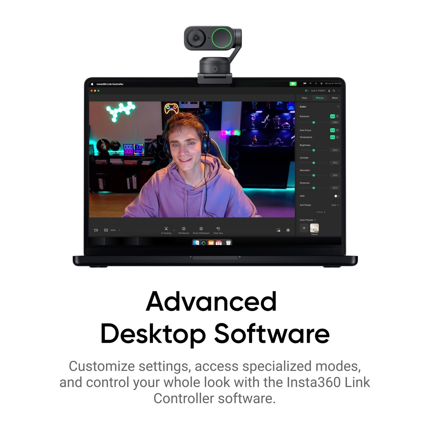 Insta360 Link 2: 4K PTZ webcam with AI tracking, HDR, noise-canceling microphone, and gesture control. Ideal for streaming, video calls, and gaming on PC and Mac.