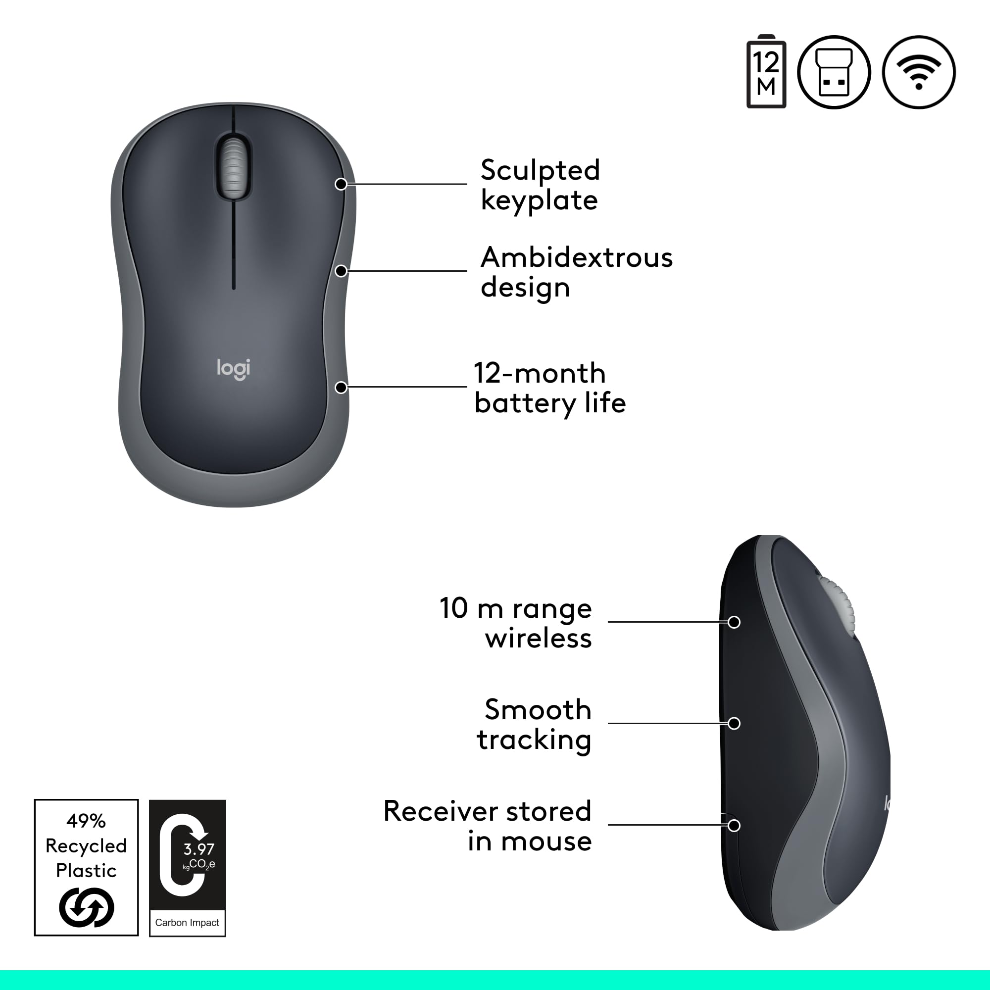 Logitech M185 Wireless Mouse, 2.4GHz with USB Mini Receiver, 12-Month Battery Life, 1000 DPI Optical Tracking, Ambidextrous, Compatible with PC, Mac, Laptop - Swift Grey