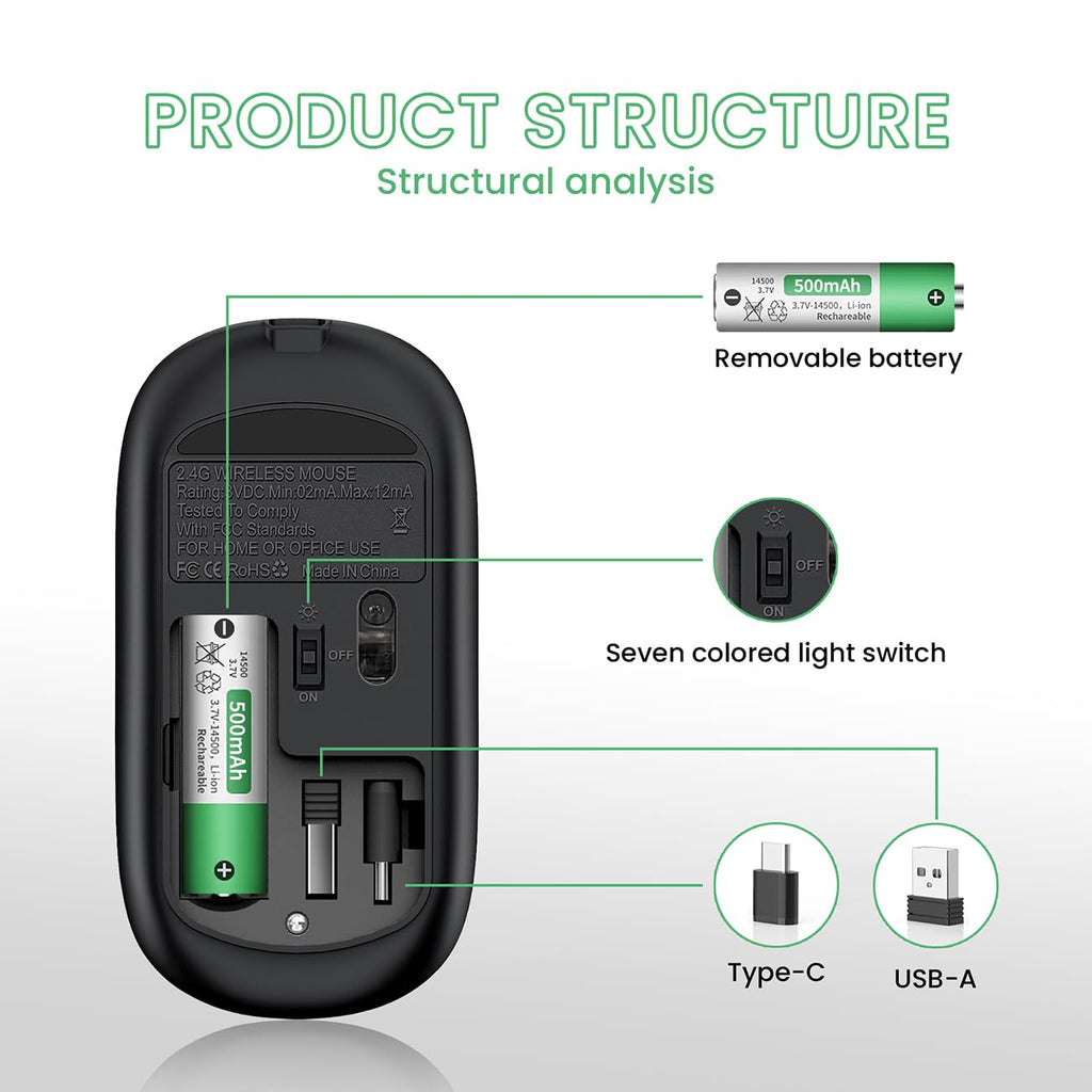 Halpilt LED Wireless Mouse A100S Rechargeable Portable Silent Mouse with Optional USB and Type-C Receiver 3-Speed Adjustable DPI for PC/Mac/Laptop (Frosted Black)