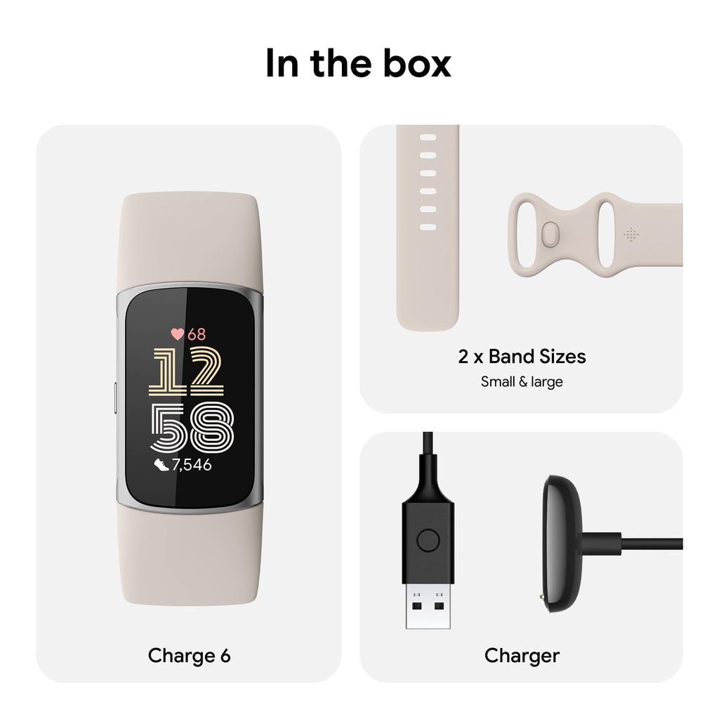 Fitbit Charge 6 Fitness Tracker with Google Apps - Heart Rate on Exercise Equipment - 3-Month Google Health Premium Membership Included - Health Tools - Porcelain/Silver - Small&Large Bands Included