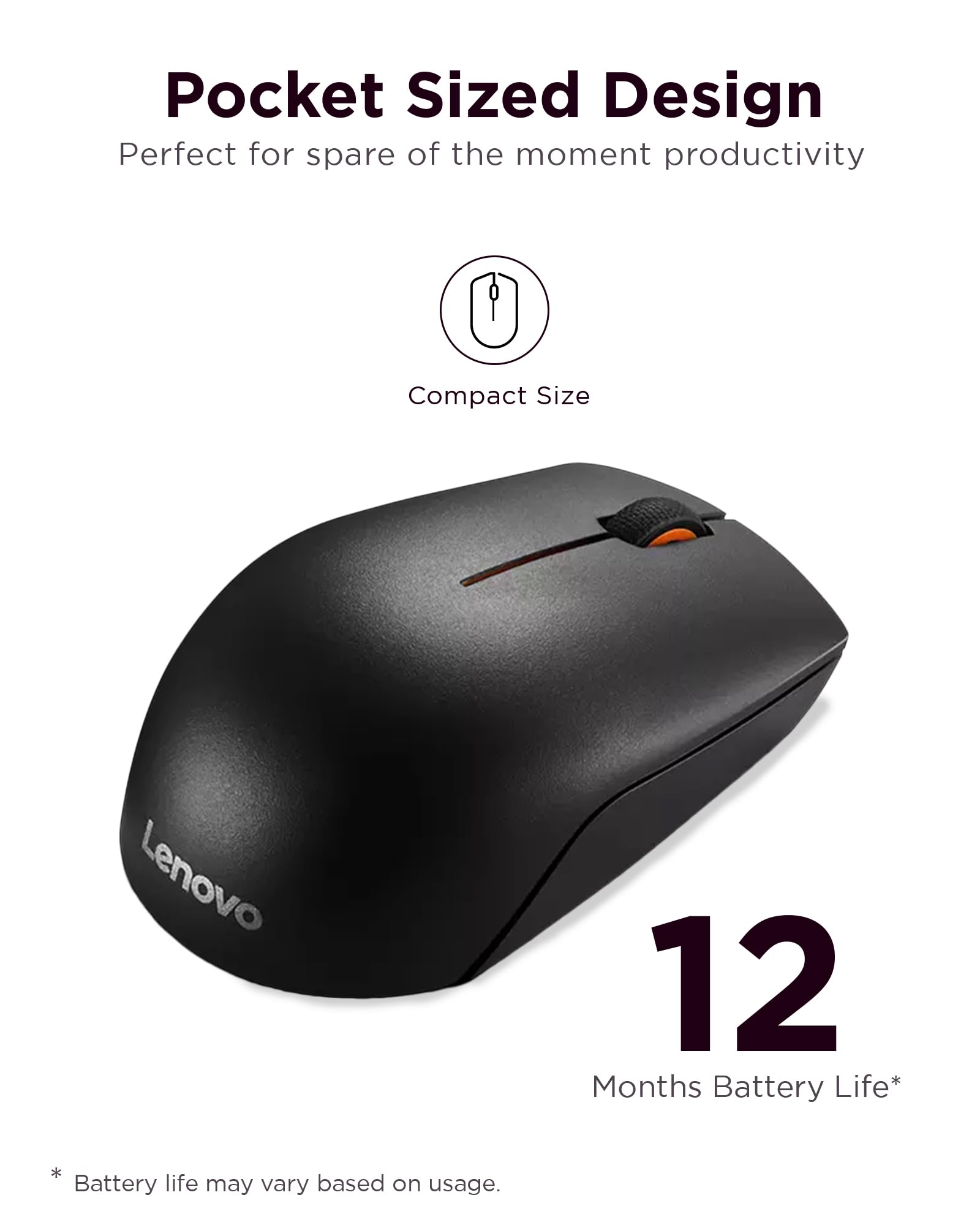 Lenovo 300 Wireless Mouse, Black, Computer Mouse for PC and Laptop with Windows, Ambidextrous Design, 2.4 GHz Nano USB Receiver, 12 Month Battery Life