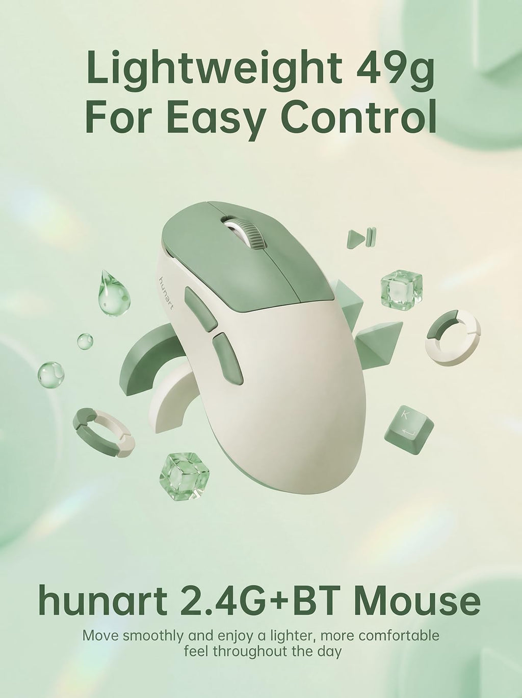 hunart H6 49g Wireless Mouse, Bluetooth & 2.4GHz Rechargeable Mouse, Lightweight Silent Ergonomic Mouse with USB-C Charging, Portable Right-Hand Office Mouse for Laptop, PC, MacBook, Tablet - Green