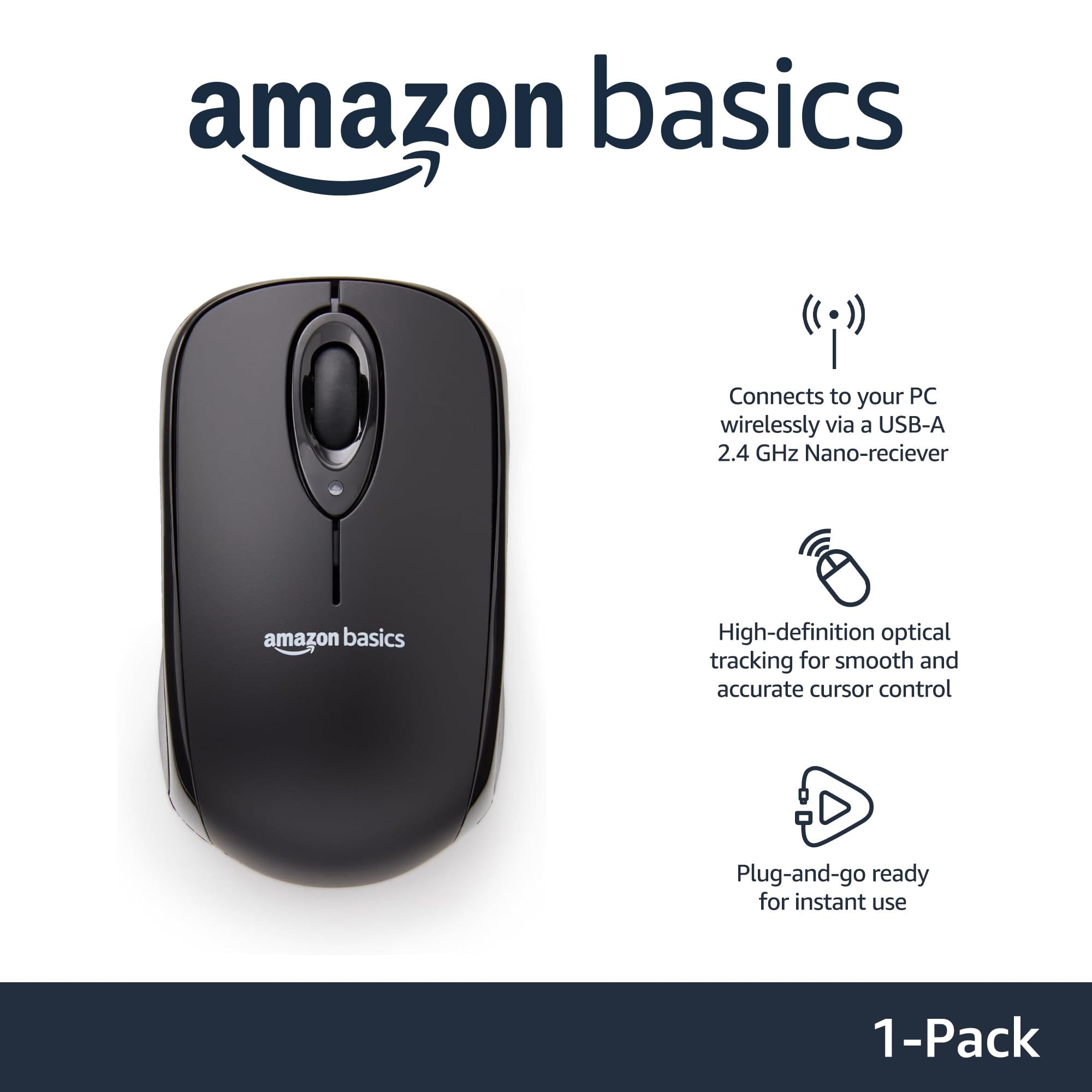 Amazon Basics 2.4 GHz Wireless Optical Computer Mouse with USB Nano Receiver, Portable, No Wires, Smooth Tracking, Multi-Device Compatibility, Black