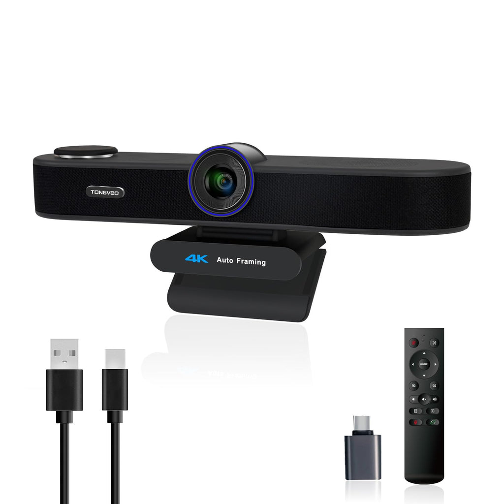 TONGVEO 3-in-1 4K Webcam with Microphones and Speaker, AI Auto-Tracking 5X Digital Zoom Webcam 4K Adjustable Field of View Remote Control Works with Microsoft Teams, Zoom, Google Meet, PC Mac Laptop