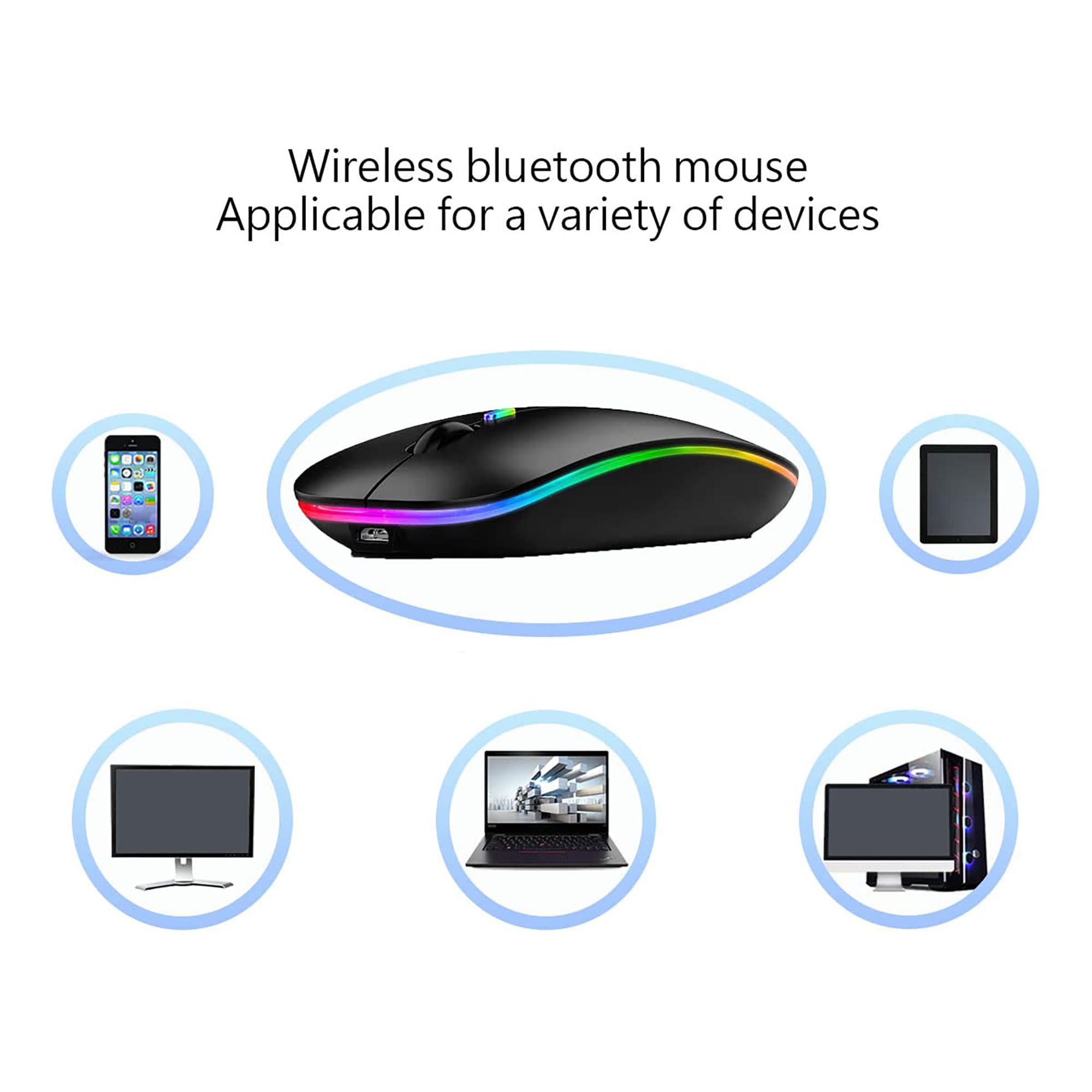 WREANU Wireless Bluetooth Mouse Rechargeable Laptop Mice with LED Lights Silent Slim Use(BT5.2 and 2.4G Portable USB) Dual Mode Computer Mouse for Laptop/iPad/Tablet/Apple/Computer/Mac (Black)