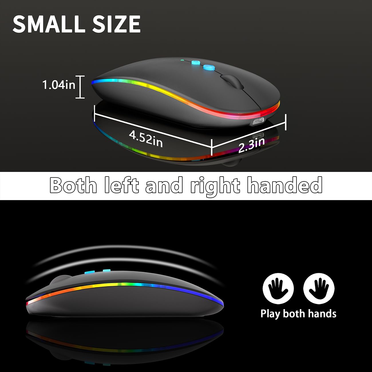Halpilt LED Wireless Mouse A100S Rechargeable Portable Silent Mouse with Optional USB and Type-C Receiver 3-Speed Adjustable DPI for PC/Mac/Laptop (Frosted Black)