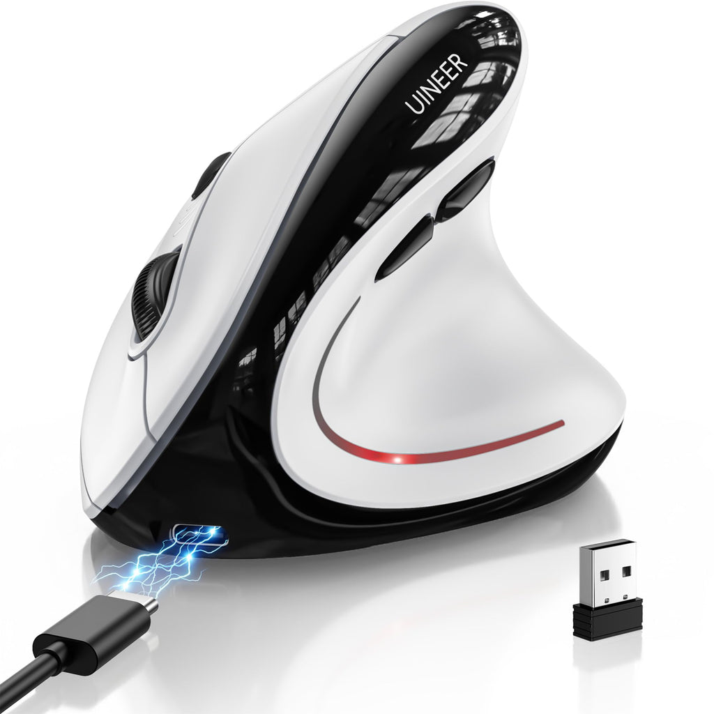 Uineer Ergonomic Wireless Vertical Mouse, Tri-Mode Bluetooth 5.0/4.0 and 2.4G USB, Rechargeable Silent Computer Mouse for Laptop, MacBook, iPad and PC, 4 DPI Levels, LED Light, 3-Device Switching