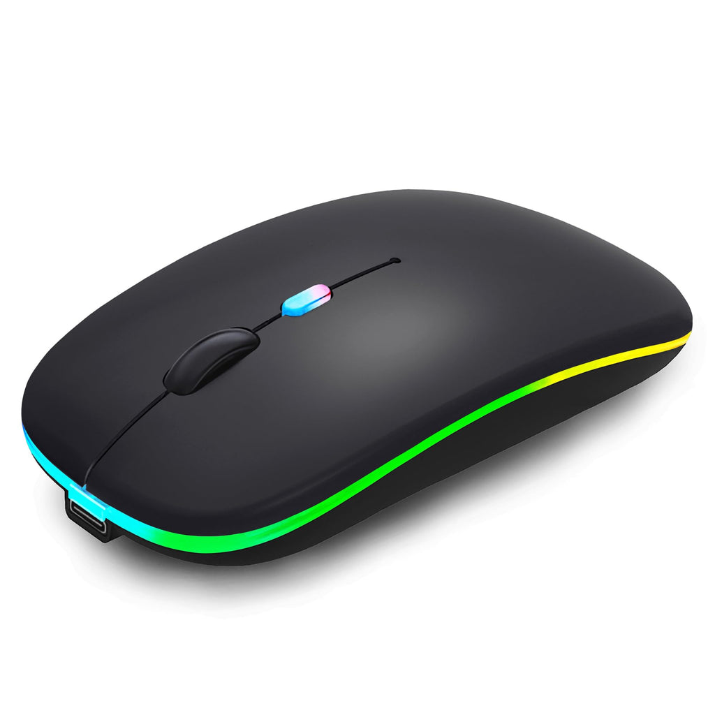 WREANU Wireless Bluetooth Mouse Rechargeable Laptop Mice with LED Lights Silent Slim Use(BT5.2 and 2.4G Portable USB) Dual Mode Computer Mouse for Laptop/iPad/Tablet/Apple/Computer/Mac (Black)