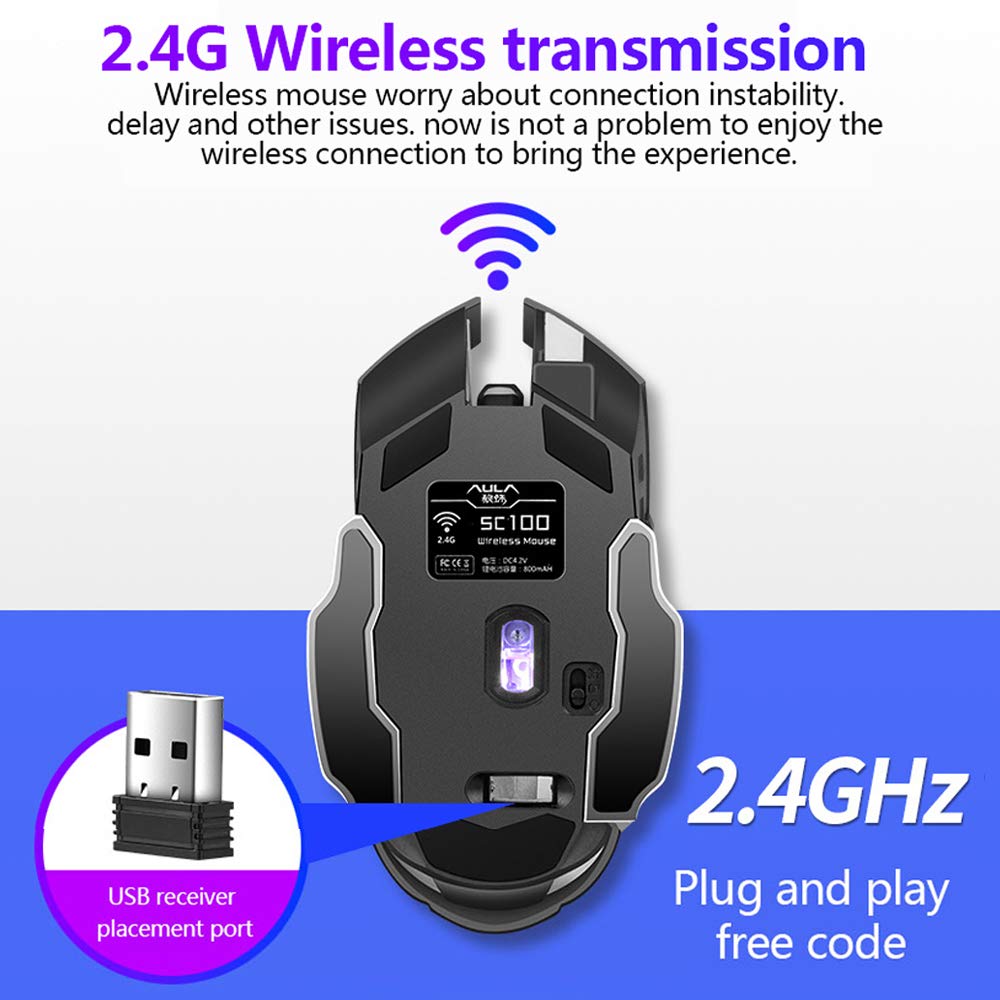AULA SC100 Silent White Wireless Mouse Rechargeable, RGB LED Backlit, DPI Adjustable, 2.4G Wireless Optical Computer Gaming Mice with USB Receiver, Punk Cool Mouse for Office/Games