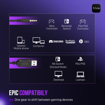 FIFINE Wired Gaming Headset, Gamer Headset with 3.5mm and USB Dual Connectivity, 7.1 Surround Sound, Tuned 50mm Drivers, Detachable Mic, Over-Ear Headphones for PC/PS5/Xbox, Black-AmpliGame H9