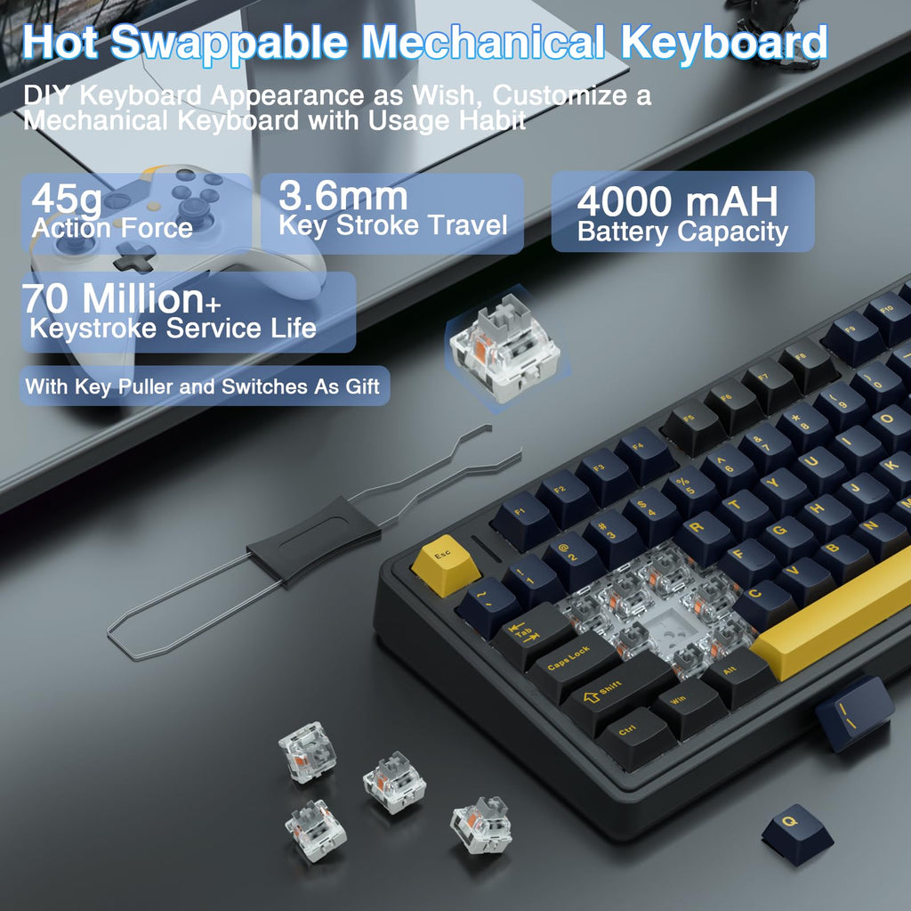 AULA F75 75% Wireless Mechanical Keyboard, Hot Swappable Creamy Keyboard, Pre-lubed Greywood Switches RGB Backlit Gaming Keyboards, 2.4GHz/Type-C/BT5.0(Cool Black)