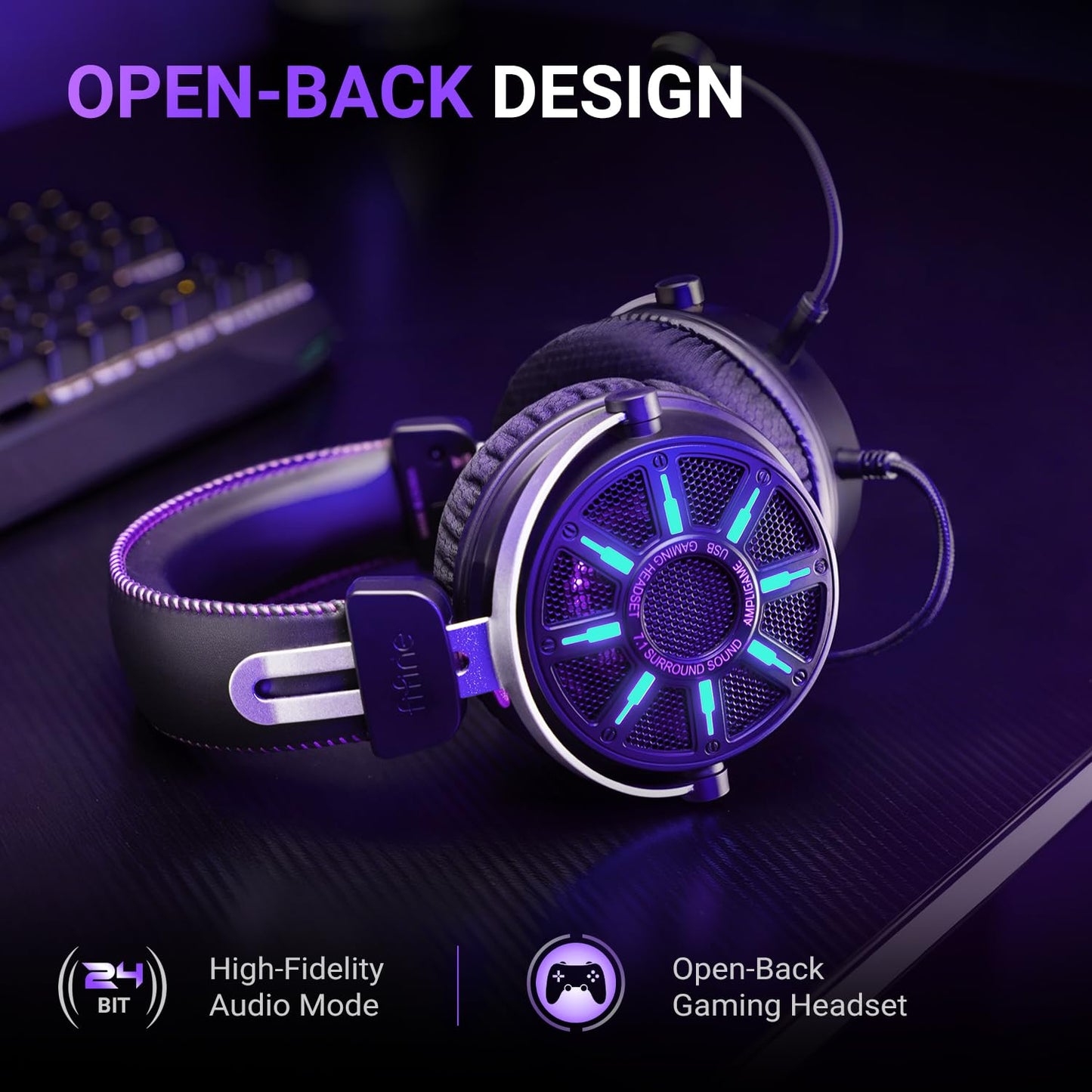FIFINE Wired USB Gaming Headset with Open Back Design, Breathable Mesh Fabric, 7.1 Surround Sound, Vibrant RGB, in-line Control Box, Over-Ear Headphone with Mic for PC, PS5/PS4, Laptop, Mac - H19BP