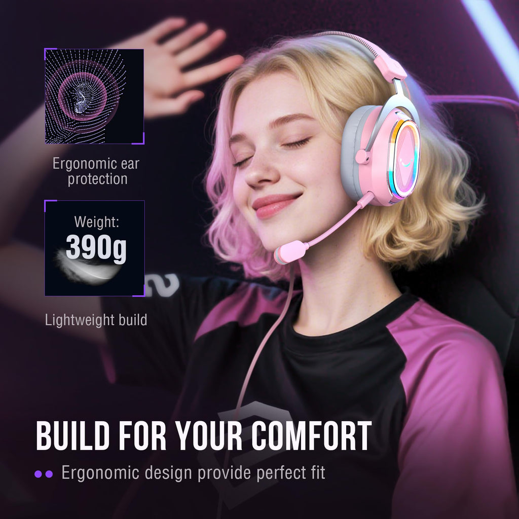 FIFINE Wired RGB Gaming Headset, PC Over-Ear Streaming Headset with USB, 7.1 Surround Sound, Noise-Cancelling Mic, Soft Ear Pads, 4 EQ Modes for PC, Laptop, Mac, PS4, PS5 - AmpliGame H13P (Pink)