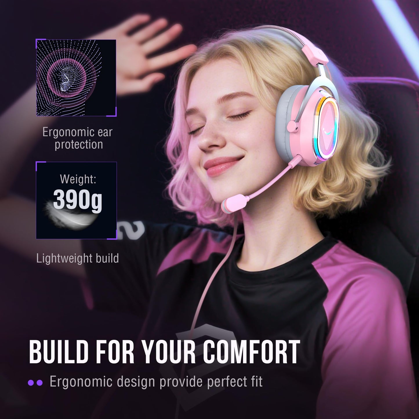 FIFINE Wired RGB Gaming Headset, PC Over-Ear Streaming Headset with USB, 7.1 Surround Sound, Noise-Cancelling Mic, Soft Ear Pads, 4 EQ Modes for PC, Laptop, Mac, PS4, PS5 - AmpliGame H13P (Pink)