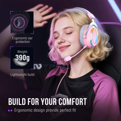 FIFINE Wired RGB Gaming Headset, PC Over-Ear Streaming Headset with USB, 7.1 Surround Sound, Noise-Cancelling Mic, Soft Ear Pads, 4 EQ Modes for PC, Laptop, Mac, PS4, PS5 - AmpliGame H13P (Pink)