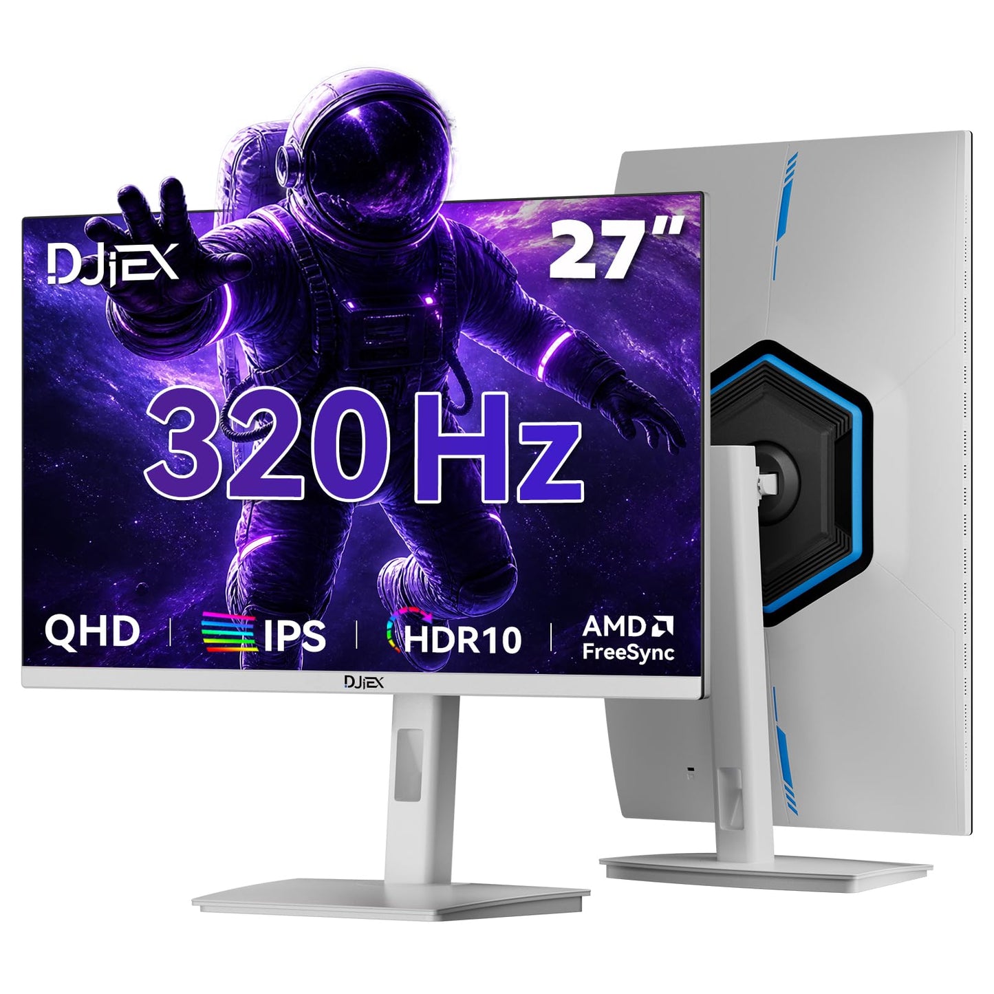 DJiEX 27 Inch 320Hz Gaming Monitor, 2K QHD 2560 x 1440P IPS Computer Display, HDR10, FreeSync, Height/Swivel/Tilt Adjustable Ergonomic Stand, 2*HDMI/2*DP, VESA Mountable, White