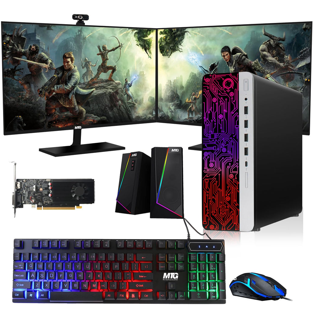 HP G3 Gaming Desktop PC, Core i7 6th Gen, GT 1030 Graphic, 16GB RAM, 240GB SSD | 2TB HDD, New Dual MTG 24-inch Monitor, RGB Keyboard Mouse, Speaker, Webcam, WiFi, Windows 11 Pro (Renewed)