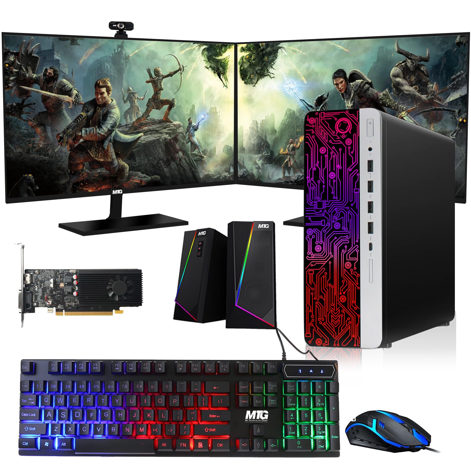 HP G3 Gaming Desktop PC, Core i7 6th Gen, GT 1030 Graphic, 16GB RAM, 240GB SSD | 2TB HDD, New Dual MTG 24-inch Monitor, RGB Keyboard Mouse, Speaker, Webcam, WiFi, Windows 11 Pro (Renewed)