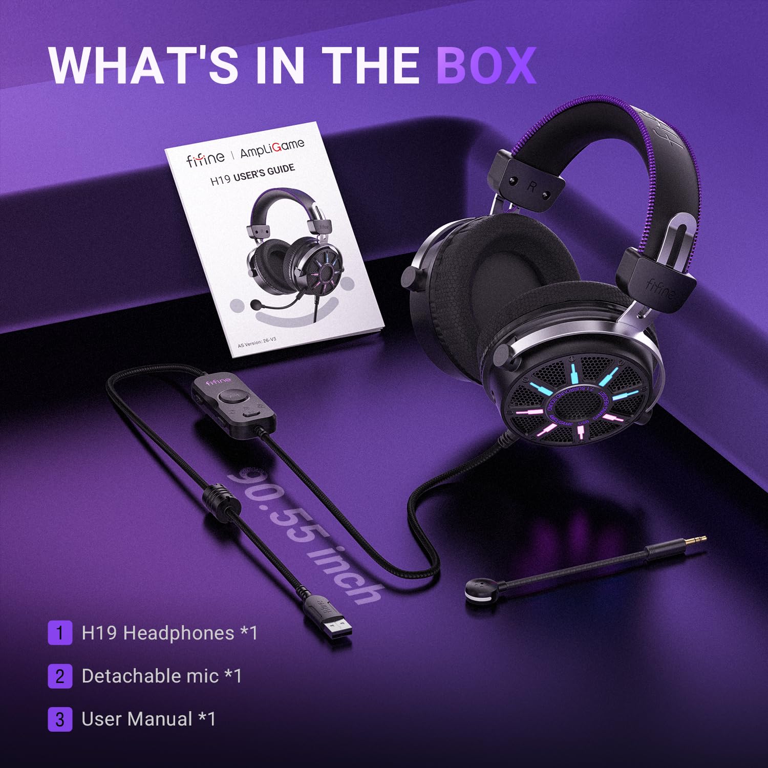 FIFINE Wired USB Gaming Headset with Open Back Design, Breathable Mesh Fabric, 7.1 Surround Sound, Vibrant RGB, in-line Control Box, Over-Ear Headphone with Mic for PC, PS5/PS4, Laptop, Mac - H19BP