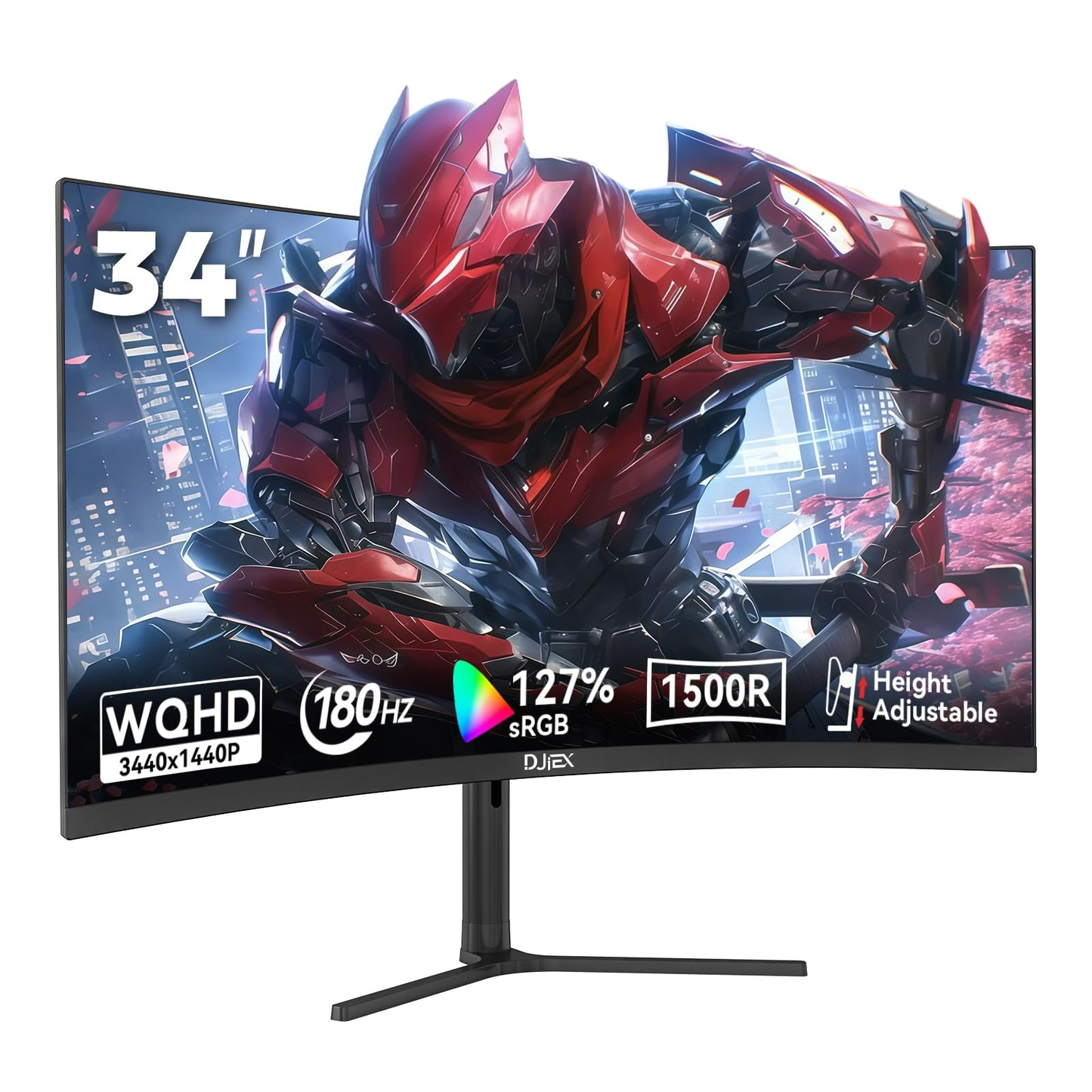 DJiEX 34 Inch Curved Gaming Computer Monitor with 180Hz Refresh Rate, WQHD 3440x1440, 127% sRGB, FreeSync,1500R Curvature & 178° Viewing Angle, Height Adjustable Base for Gaming, Business