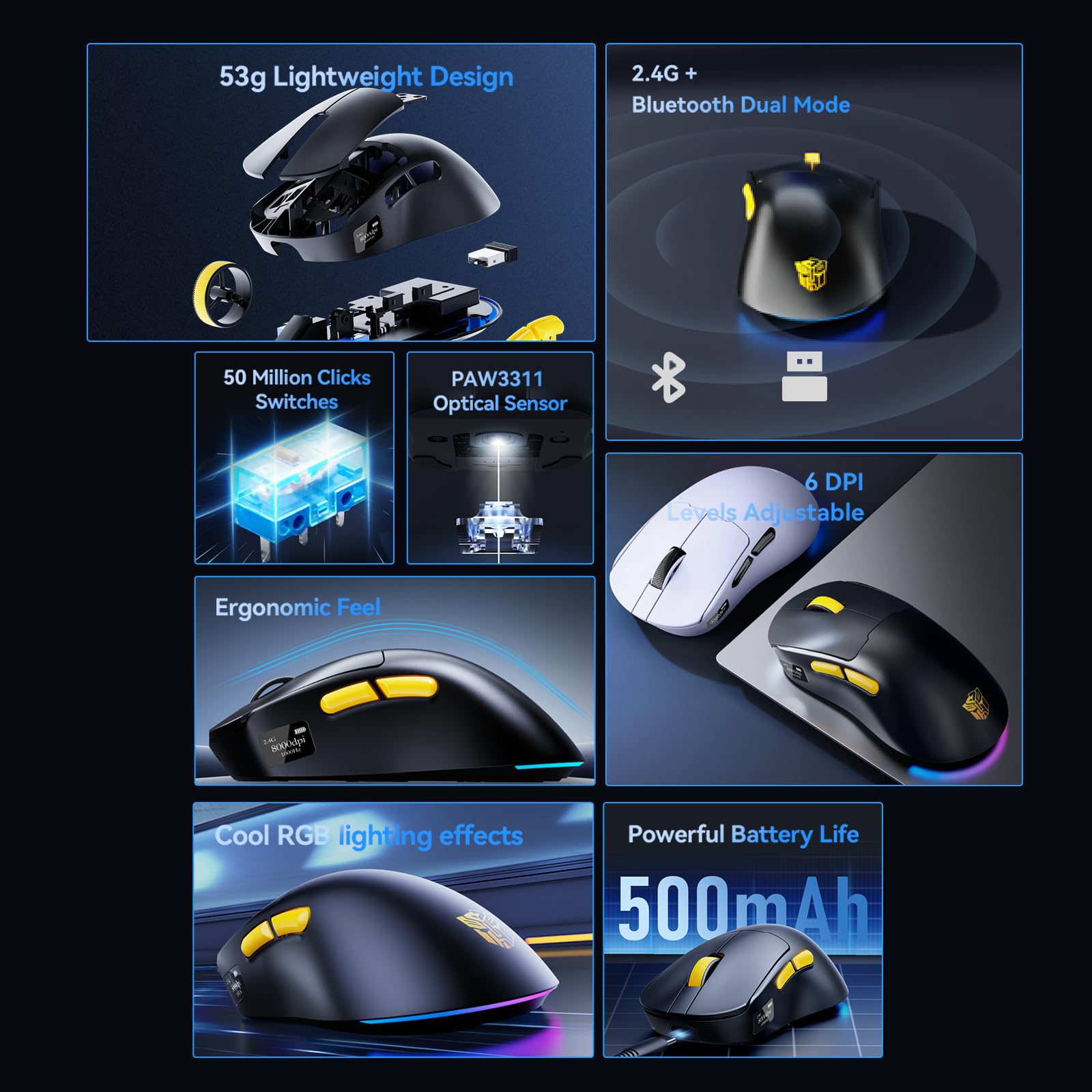 Transformers Gaming Mouse GM04 Pro, Wireless Gaming Mouse Tri-Mode Bluetooth/2.4G/Wired, 53g Ultra-Light, 24,000 DPI PAW3311 Sensor, RGB, 1000Hz, Rechargeable PC Gaming Mouse (Black)