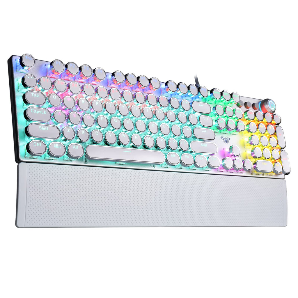 AULA F2088 Typewriter Mechanical Keyboard, White Retro Wired Gaming Keyboard with Blue Switches, Rainbow Backlit, Round Keycaps, Media Knob & Removable Wrist Rest