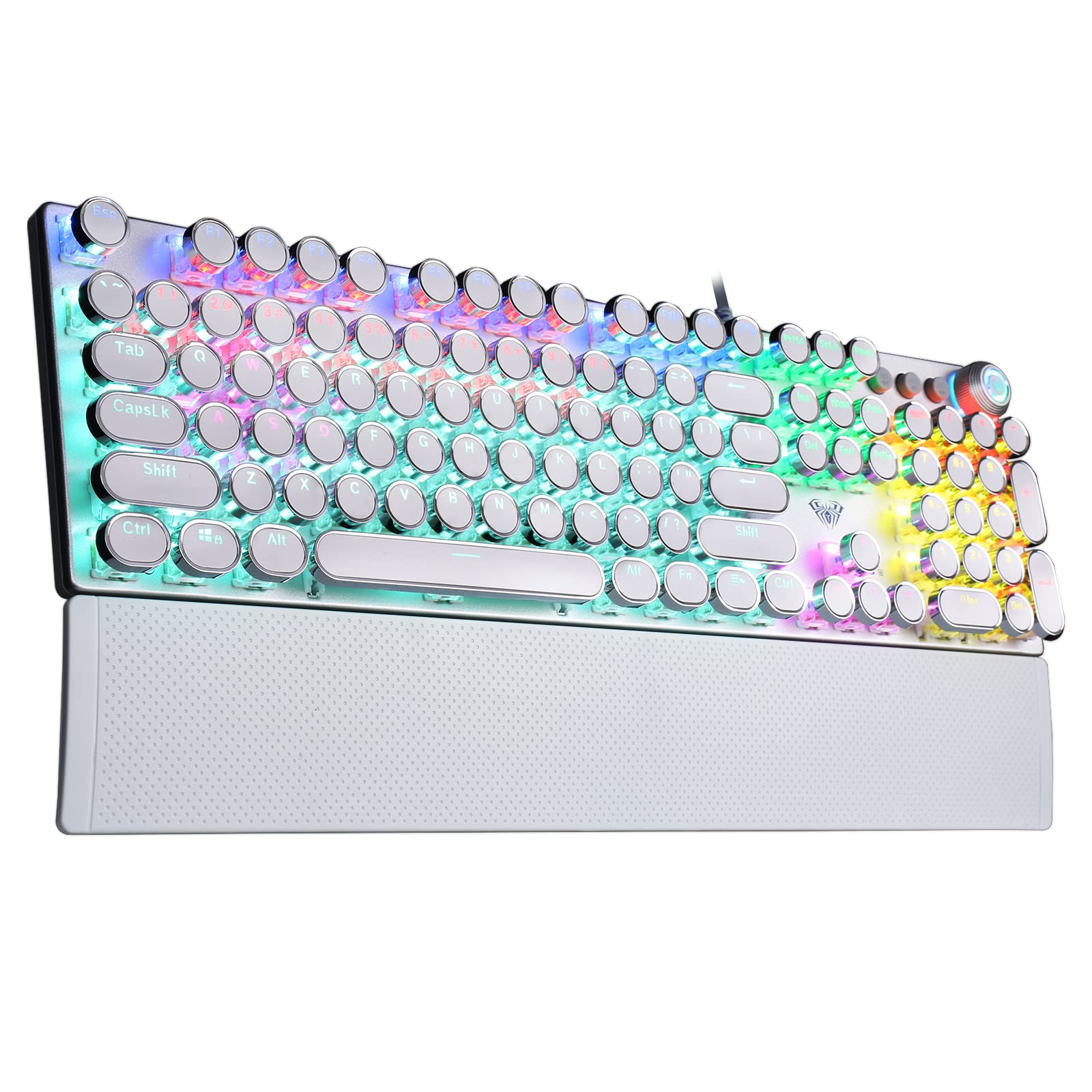 AULA F2088 Typewriter Mechanical Keyboard, White Retro Wired Gaming Keyboard with Blue Switches, Rainbow Backlit, Round Keycaps, Media Knob & Removable Wrist Rest