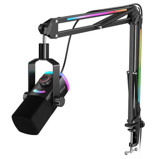 FIFINE Gaming Microphone Kit, XLR/USB Dynamic PC Microphone with Boom Arm for Podcast Recording, RGB Streaming Mic Set, Tap-to-Mute, Mix Control, Headphone Jack-AmpliGame AM8PROT