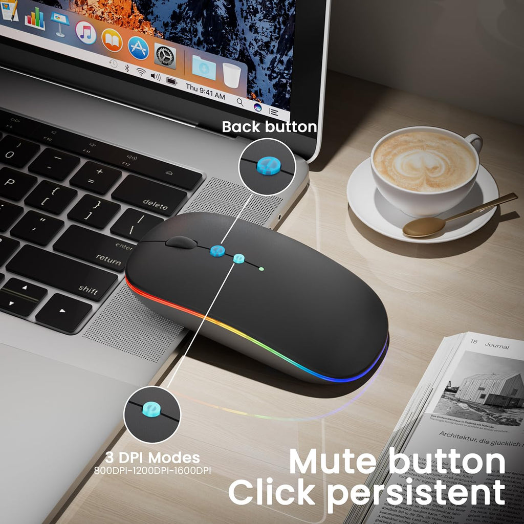 Halpilt LED Wireless Mouse A100S Rechargeable Portable Silent Mouse with Optional USB and Type-C Receiver 3-Speed Adjustable DPI for PC/Mac/Laptop (Frosted Black)