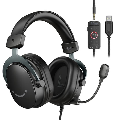 FIFINE Wired Gaming Headset, Gamer Headset with 3.5mm and USB Dual Connectivity, 7.1 Surround Sound, Tuned 50mm Drivers, Detachable Mic, Over-Ear Headphones for PC/PS5/Xbox, Black-AmpliGame H9