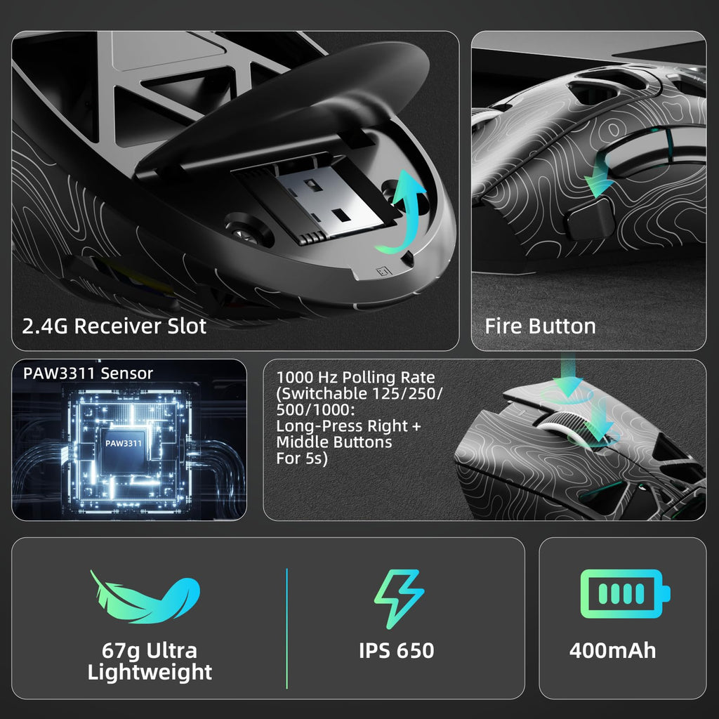 Aula SC620 Wireless Gaming Mouse, Tri-Mode 2.4GHz/USB-C/BT5.3 Computer Mouse with 12000 DPI, Programmable Macro Gamer Mouse with Rapid Fire Key, RGB Light Gaming Mice for PC/Laptop/Mac