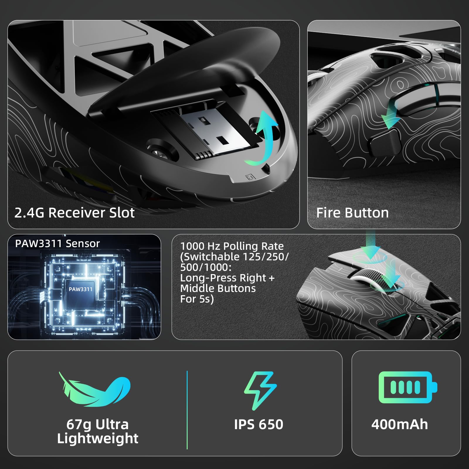 Aula SC620 Wireless Gaming Mouse, Tri-Mode 2.4GHz/USB-C/BT5.3 Computer Mouse with 12000 DPI, Programmable Macro Gamer Mouse with Rapid Fire Key, RGB Light Gaming Mice for PC/Laptop/Mac