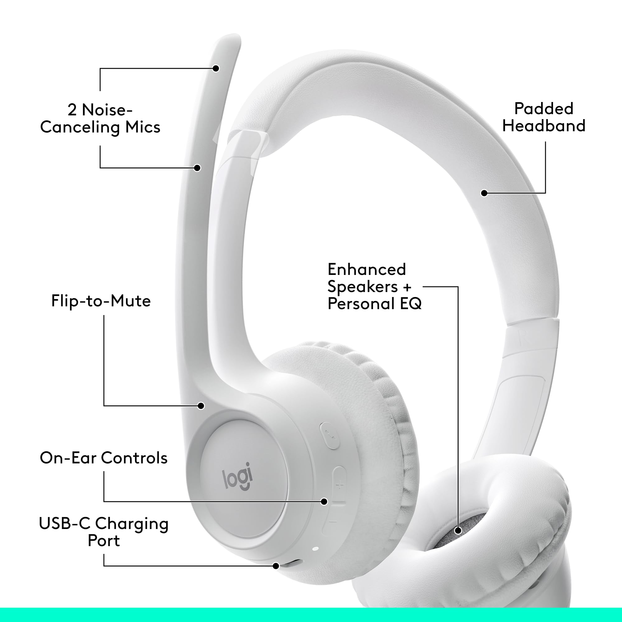 Logitech Zone 300 Wireless Bluetooth Headset with Noise-Canceling Microphone, Compatible with Windows, Mac, Chrome, Linux, iOS, iPadOS, Android – Off-White