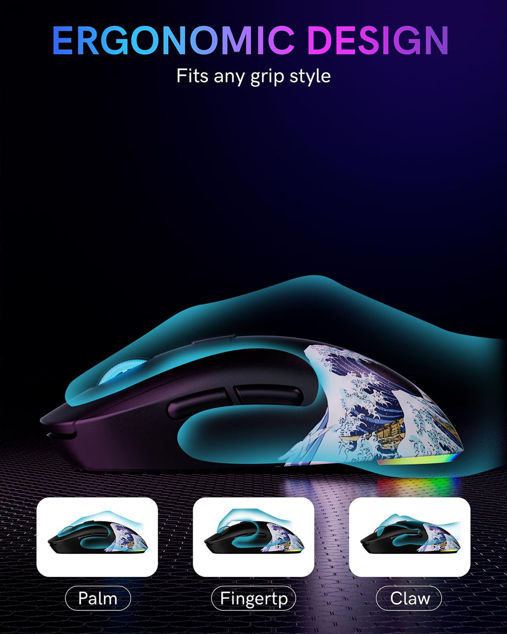 Typehaven G57 Wireless Gaming Mouse, 8000 DPI, 80g, 2.4G/Bluetooth/USB-C Rechargeable Wireless Mouse with 5 Programmable Buttons for PC/Mac, Black