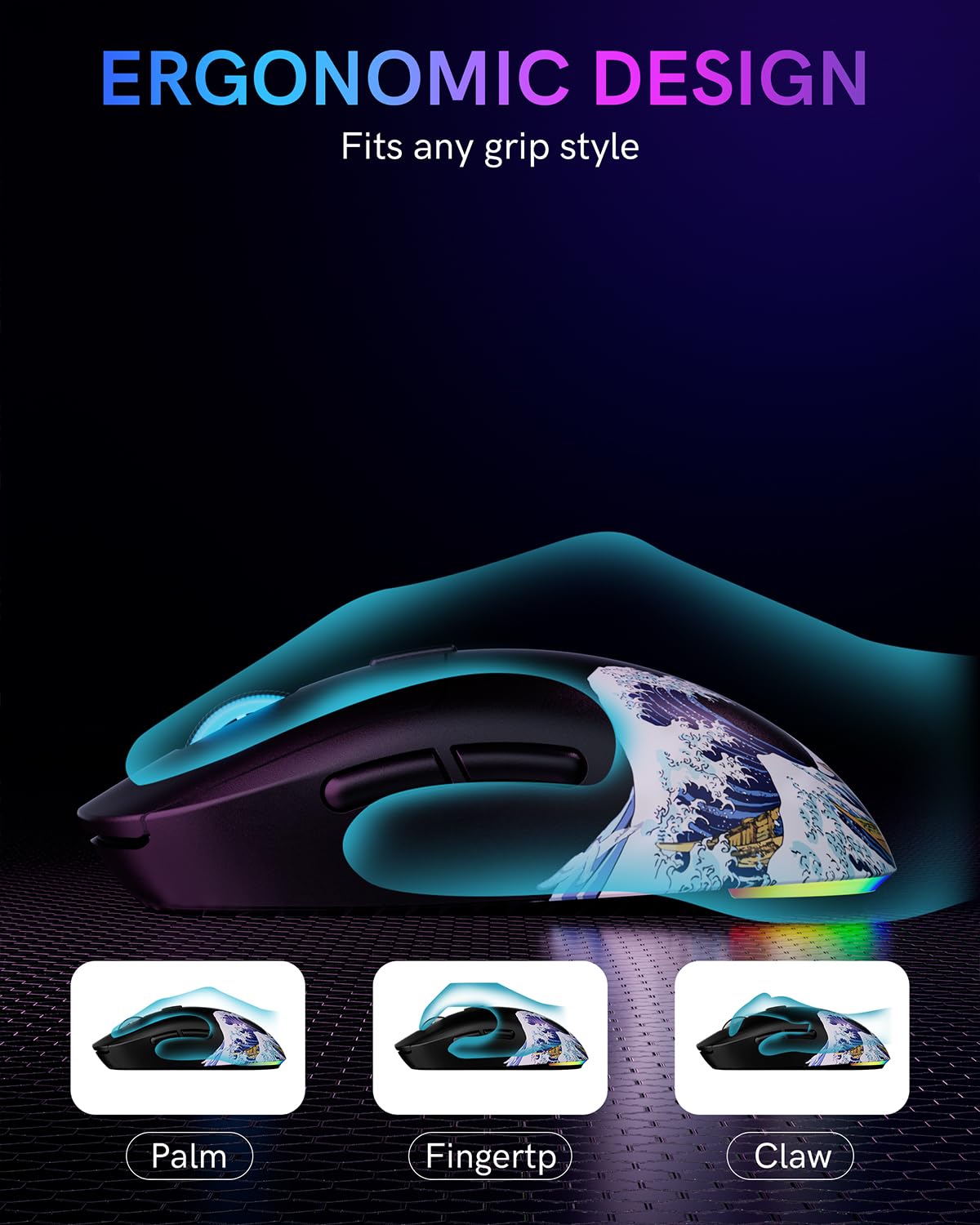 Typehaven G57 Wireless Gaming Mouse, 8000 DPI, 80g, 2.4G/Bluetooth/USB-C Rechargeable Wireless Mouse with 5 Programmable Buttons for PC/Mac, Black