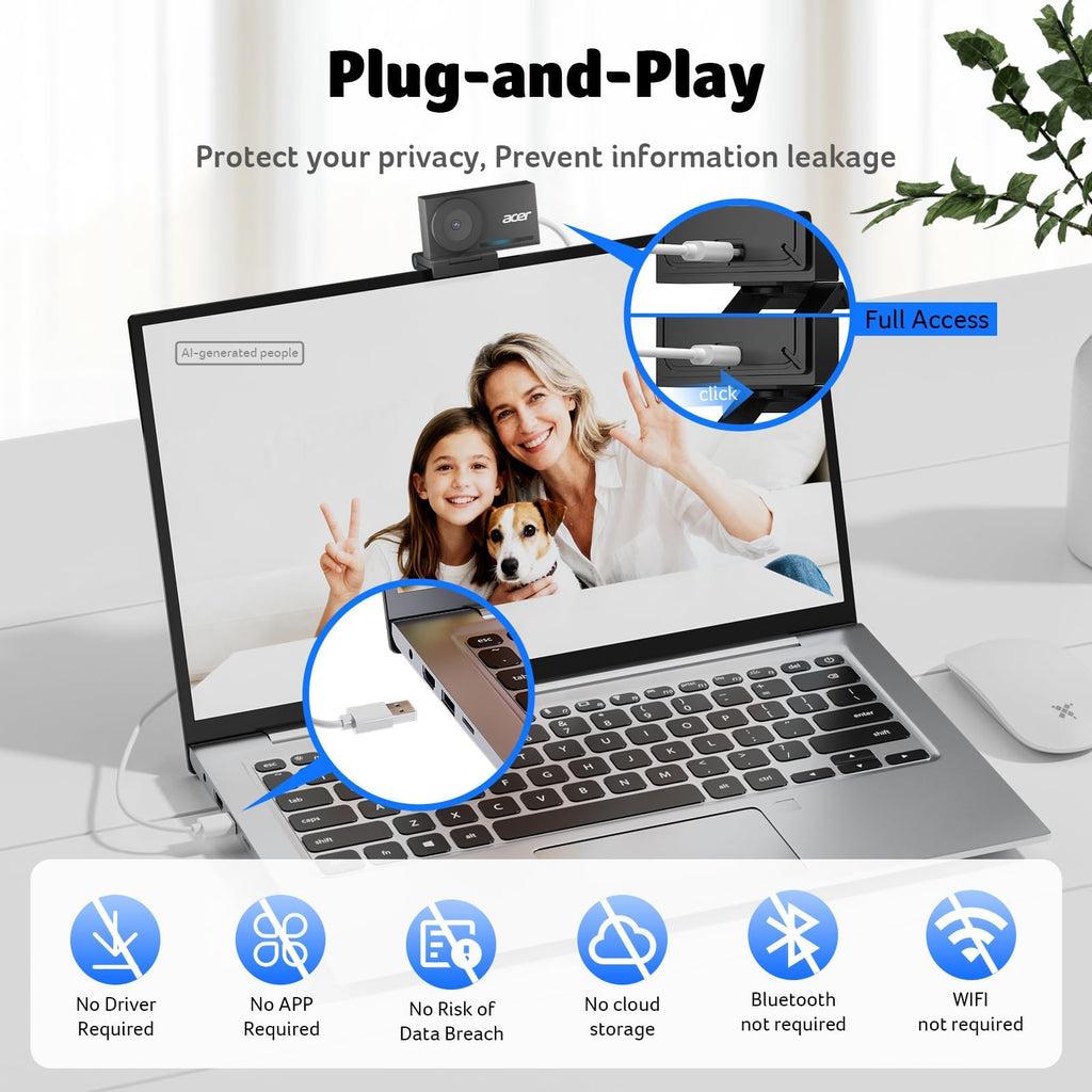Acer 4K Webcam for PC/Mac with All-Metal Unibody Sculpted, Sony 1/2" Sensor, PDAF, 2 Noise Reduction Mics, Privacy Cover, Lightweight, Fast Cooling, Streaming Camera for Live Meeting Commerce Gaming