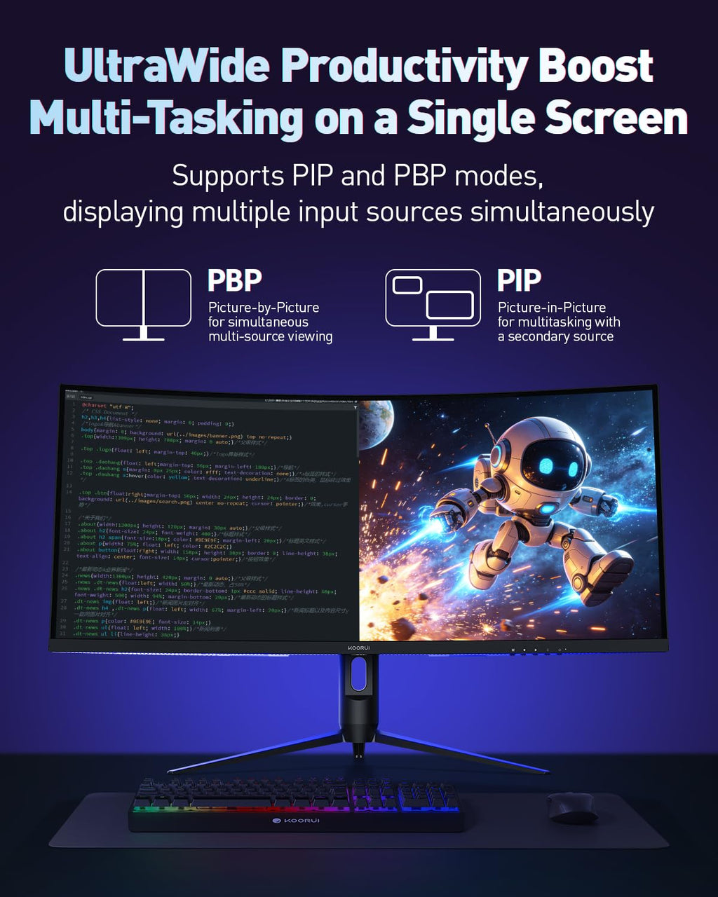 KOORUI 34" Ultrawide Curved Gaming Monitor, 240Hz, WQHD 3440×1440, 1500R Immersive Display, Adaptive Sync, 1ms, DIC-P3 98%, HDR400, HDMI 2.1/DP 1.4, VESA, for PC Gaming, Work & Play