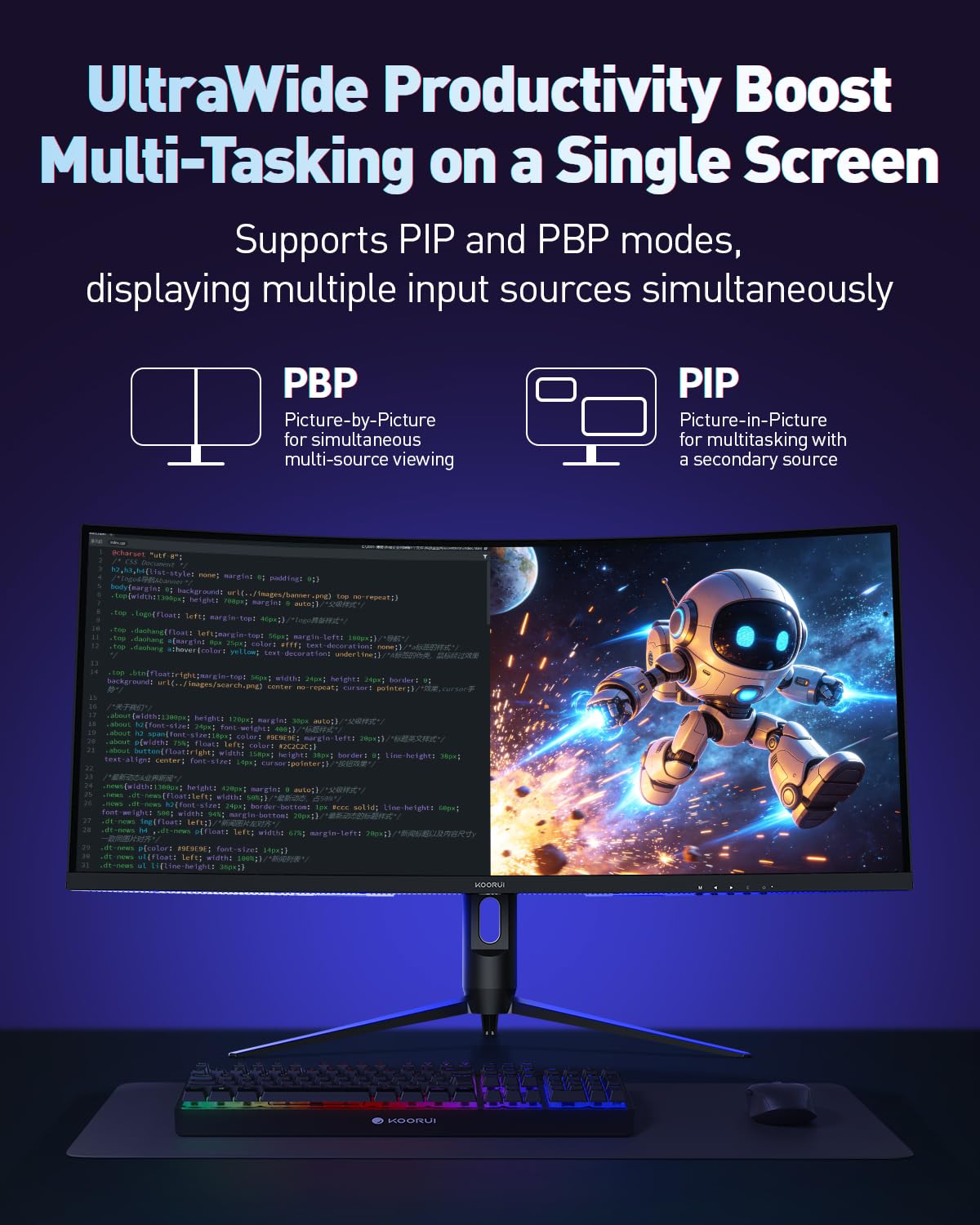 KOORUI 34" Ultrawide Curved Gaming Monitor, 240Hz, WQHD 3440×1440, 1500R Immersive Display, Adaptive Sync, 1ms, DIC-P3 98%, HDR400, HDMI 2.1/DP 1.4, VESA, for PC Gaming, Work & Play