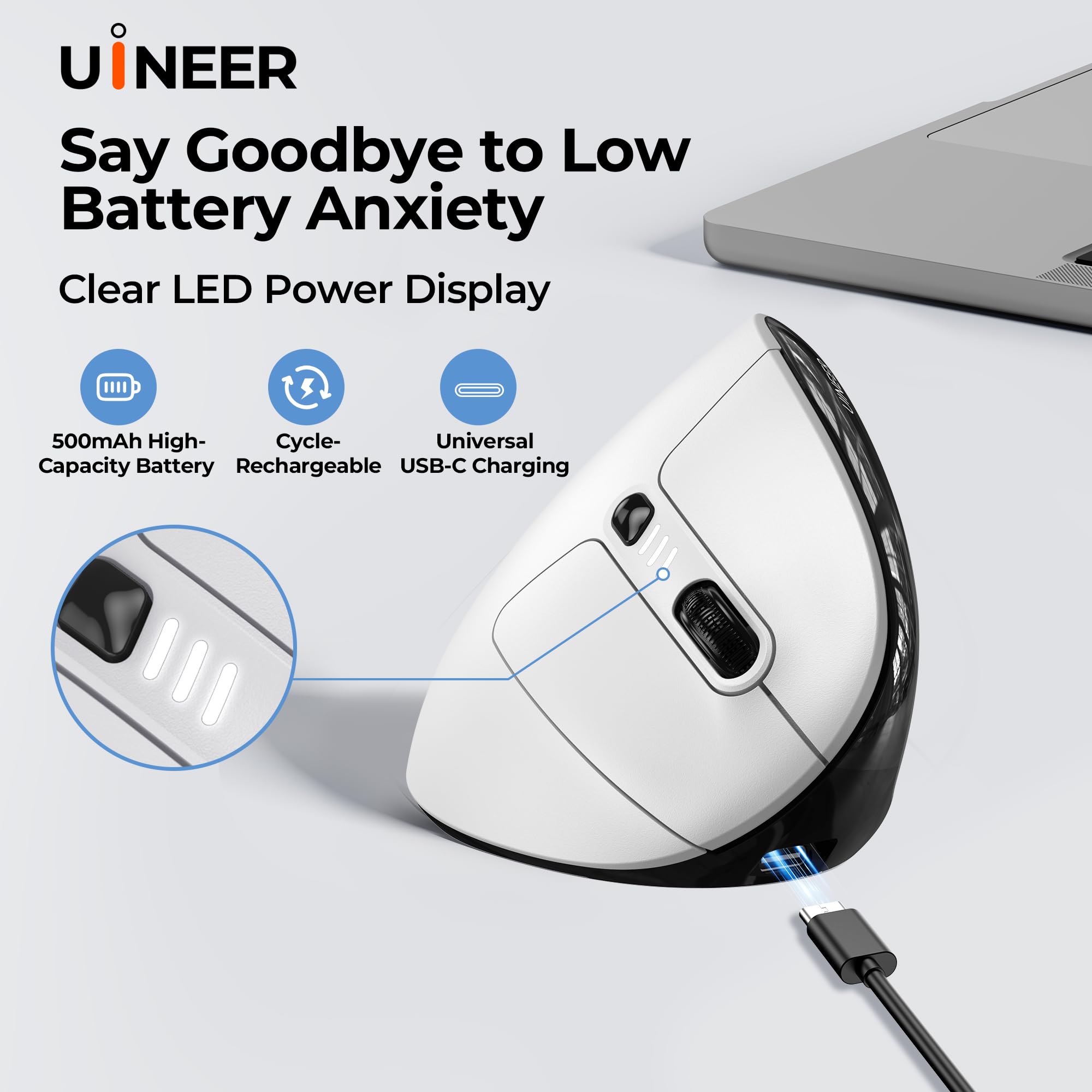Uineer Ergonomic Wireless Vertical Mouse, Tri-Mode Bluetooth 5.0/4.0 and 2.4G USB, Rechargeable Silent Computer Mouse for Laptop, MacBook, iPad and PC, 4 DPI Levels, LED Light, 3-Device Switching